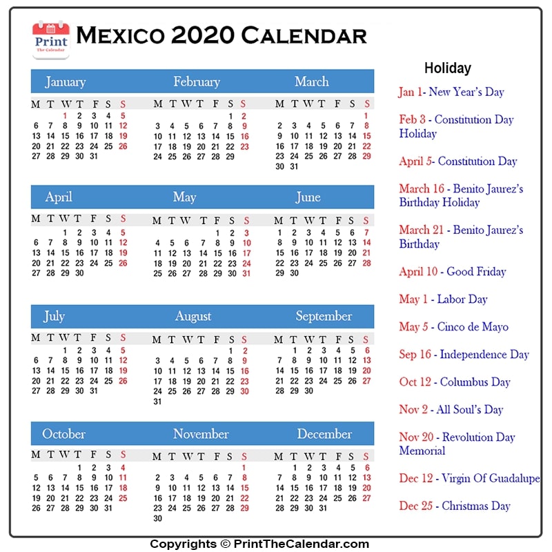 Mexico Holidays 2020 2020 Calendar With Mexico Holidays 